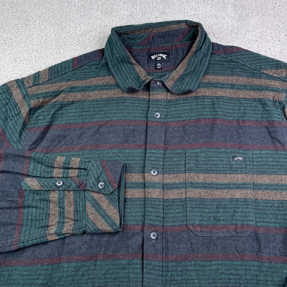 Billabong Shirt Mens XXL 2XL Green Stripes Coastline Flannel Grunge Surfer Skate